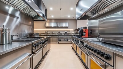 A modern, stainless steel commercial kitchen with two rows of cooking equipment and a large vent hood.