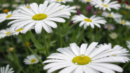 Obraz premium Beautiful close up of white daisies with dew drops glistening