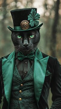 A sophisticated black cat models a stylish teal three-piece suit and a top hat featuring a shamrock detail