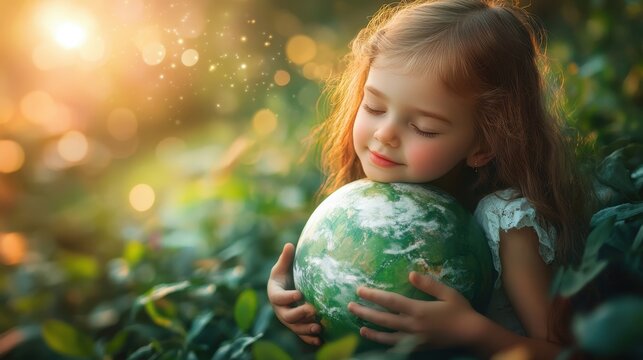 A little girl hugging a green globe planet adult astronomy.