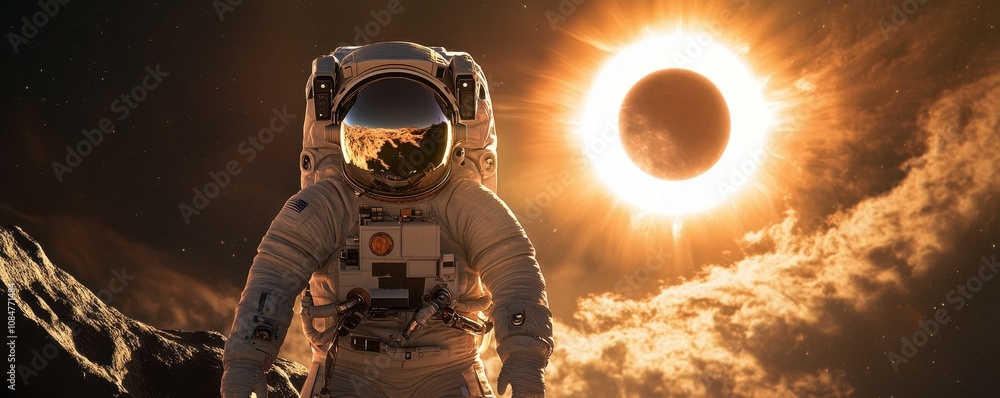 Poster anonymous astronaut watching a solar eclipse. generative ai