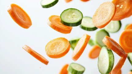 Floating fresh vegetables and fruits kitchen food photography clean background aerial view healthy living concept