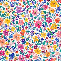 A colorful floral pattern with a variety of abstract leaves and flowers on a white background, perfect for spring and summer designs.
