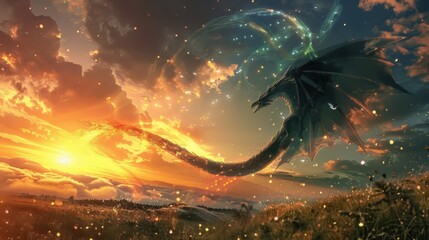 As the sun set behind the horizon the radiant magic trails in the sky grew brighter signaling the arrival of the magical creatures that roamed the land.