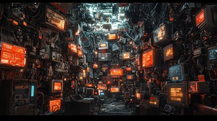 A cyberpunk-inspired junkyard filled with glowing broken robots, flickering holograms, and neon-lit salvage equipment The chaotic yet vibrant environment captures a world of technological decay 
