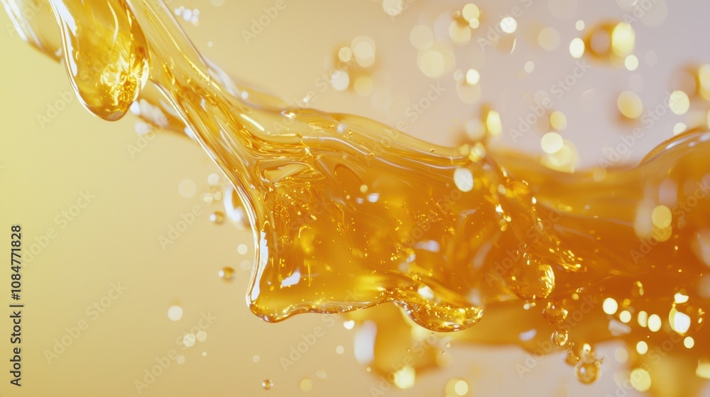 Poster dynamic splash of golden liquid abstract art studio environment close-up view visual concept for mod