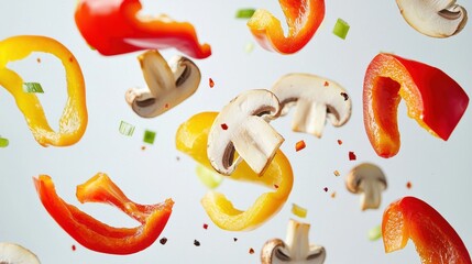 Dynamic falling vegetables colorful bell peppers and mushrooms in air culinary art kitchen environment high angle fresh ingredients for healthy cooking