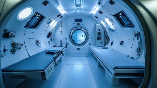 Empty interior of a hyperbaric oxygen chamber with two beds and control panel.