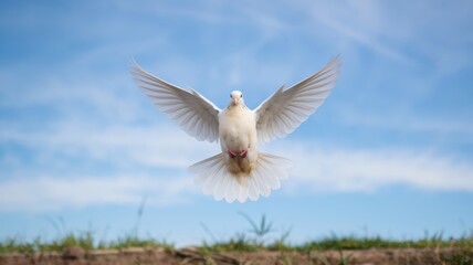 Obraz premium Majestic White Dove in Mid-Flight Against a Blue Sky and Green Grass Background