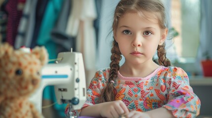 A child sewing a simple fabric project, like a stuffed animal, with a look of concentration and joy - Powered by Adobe