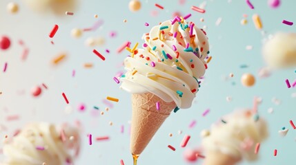 Delicious ice cream cone with colorful sprinkles bright studio background food photography playful atmosphere close-up view indulgent dessert concept for summer treats