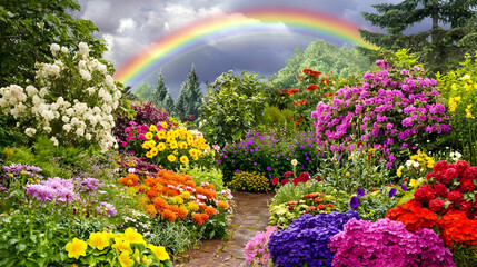 A vibrant garden scene with colorful flowers and a rainbow in the background.