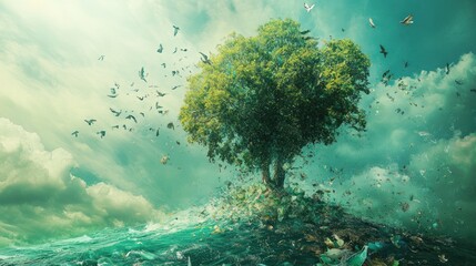 A lone tree stands resilient amidst a sea of plastic, symbolizing the fragility of our planet and the urgent need for environmental conservation. Birds take flight