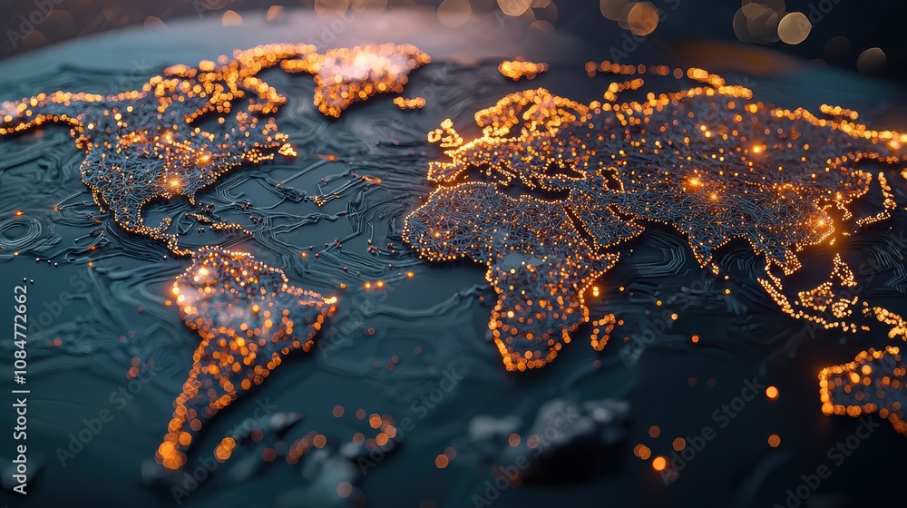 Poster a world map with continents represented as interconnected digital circuits and data nodes, with glow