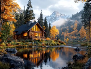 Fototapeta premium Cozy log cabin with panoramic windows nestled in nature, offering stunning views and a tranquil retreat in the woods for relaxation and escape.