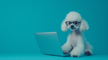 A toy poodle with glasses sitting in front of a laptop on a blue background, working as an IT worker, following the rule of thirds.