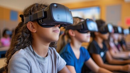 A classroom where students use VR headsets to explore historical events and virtual environments