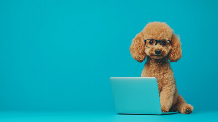 A toy poodle with glasses sitting in front of a laptop on a blue background, working as an IT worker, following the rule of thirds.