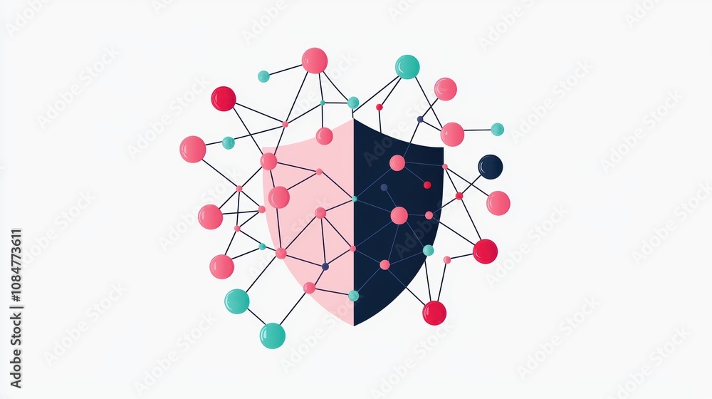 Poster a minimalist shield icon formed by interconnected lines and nodes, symbolizing a network security sy