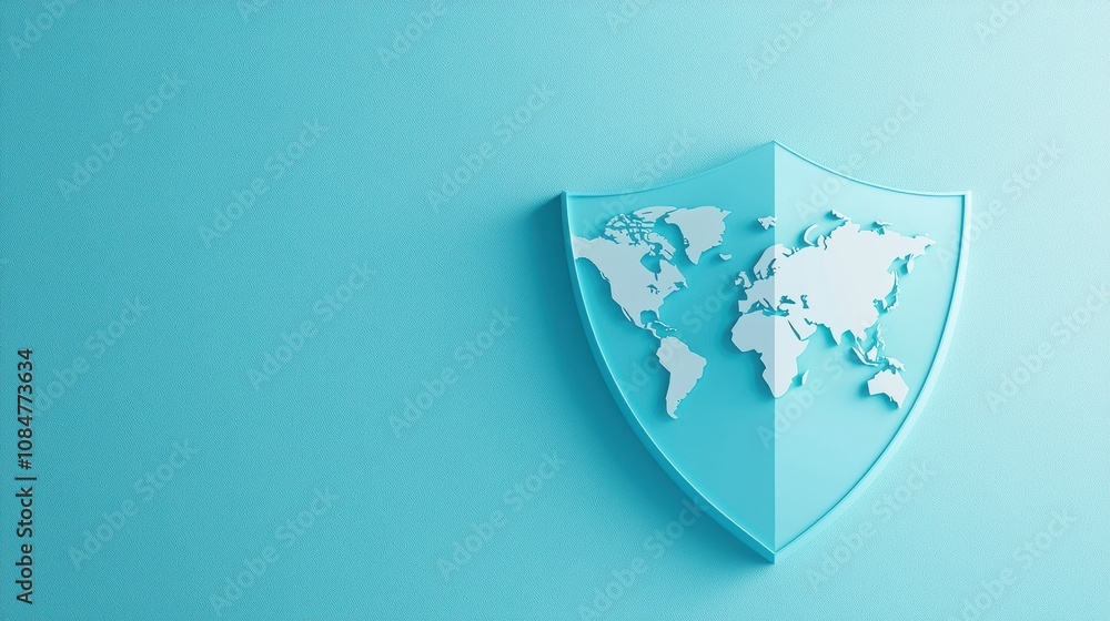 Poster a transparent shield icon with a world map faintly visible in the background, representing global se