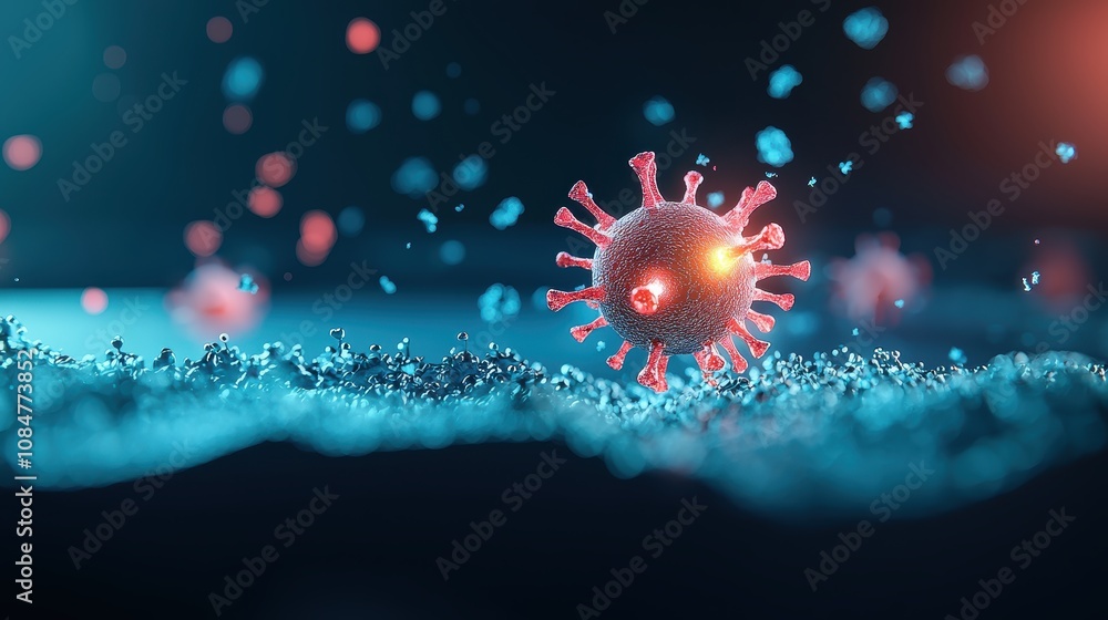 Poster a microscopic view of a digital virus being attacked and neutralized by antivirus software represent