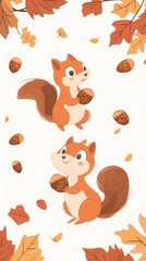 Two cute cartoon squirrels holding acorns among autumn leaves.