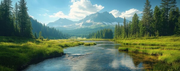 dreamy vacation with sunny weather in minimalistic landscape, natural landscape over a stream running to river with forest and mountain far away on clear blue sky
