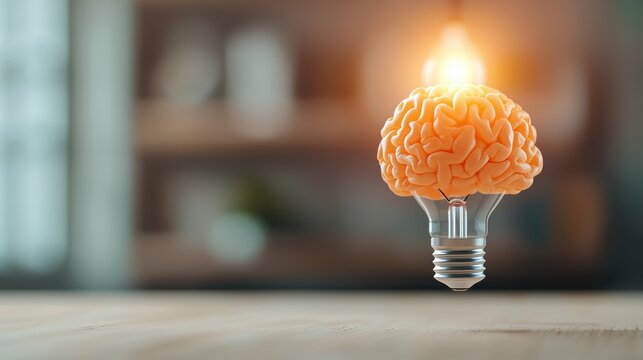 A cartoon brain with a brightly lit lightbulb hovering above it, representing a sudden flash of inspiration or a brilliant idea.