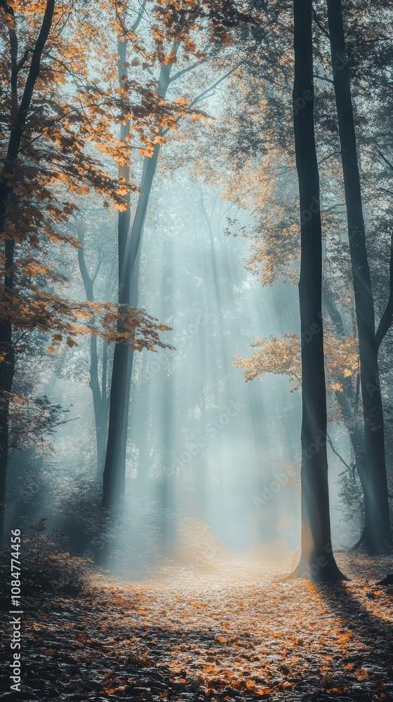 Poster sunbeams filtering through fog in autumn forest creating magical atmosphere