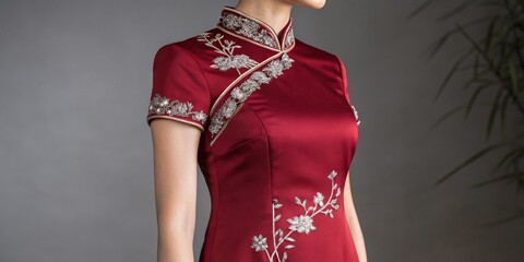 Traditional Cheongsam A classic cheongsam dress with a delicate s embroidery winding around the hemline using shimmering silver thread against a deep red fabric.