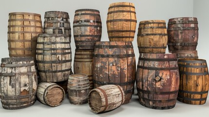 Fototapeta premium A collection of old wooden barrels with vintage textures and patina, ideal for rustic decor