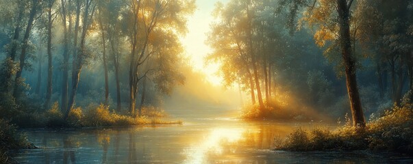 Enchanted woodlands. Serene capture of forest bathed in gentle morning sunlight reflecting in tranquil river ideal nature landscape and scenic collections
