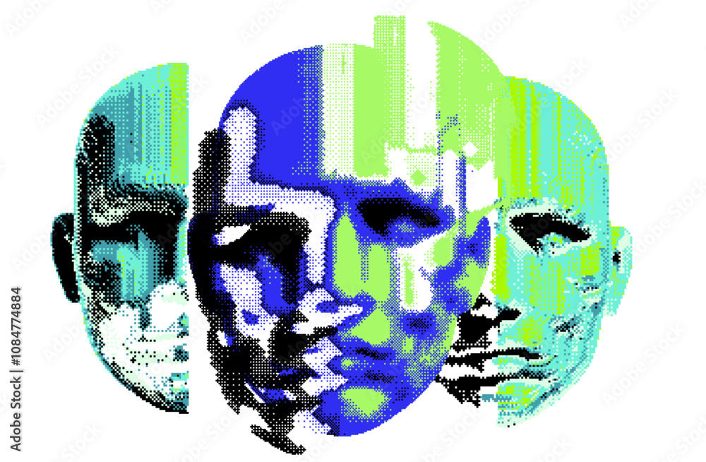 Poster Conceptual vector illustration portraying three overlapping faces in vivid blue and green tones, symbolizing the gradual breakdown of identity and information. The piece reflects themes of data decay.