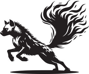 A running hyena with its tail streaming behind silhouette