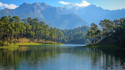 A serene mountain lake surrounded by towering peaks dusted with snow and dense pine forests. The still water mirrors the dramatic scenery, creating a breathtakingly peaceful landscape. A perfect 