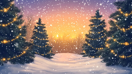 Naklejka premium A peaceful snow-covered forest with a vibrant sunset in the background and twinkling lights wrapped around evergreen trees 