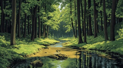 Obraz premium A forest with a stream or river running through it. The trees are lush and green. Natural background. A plot in a drawn style. Image for design of children's books, postcards, print, etc