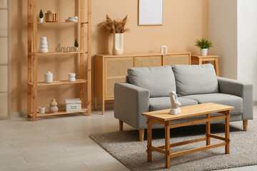 Stylish interior of living room with grey cozy sofa and coffee table