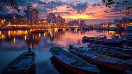 Fototapeta premium A vibrant city marina at sunset with colorful boats docked along glowing waterfront cafes. The skyline reflects in the water, creating a mesmerizing and lively atmosphere. A picturesque blend 
