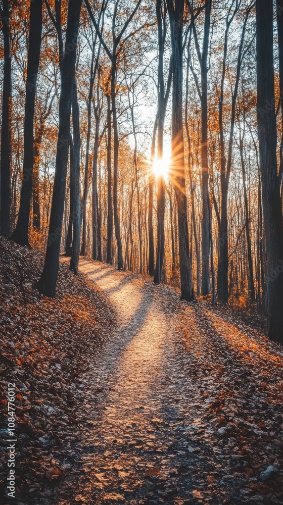 Poster sun shining through trees on a forest path covered with autumn leaves