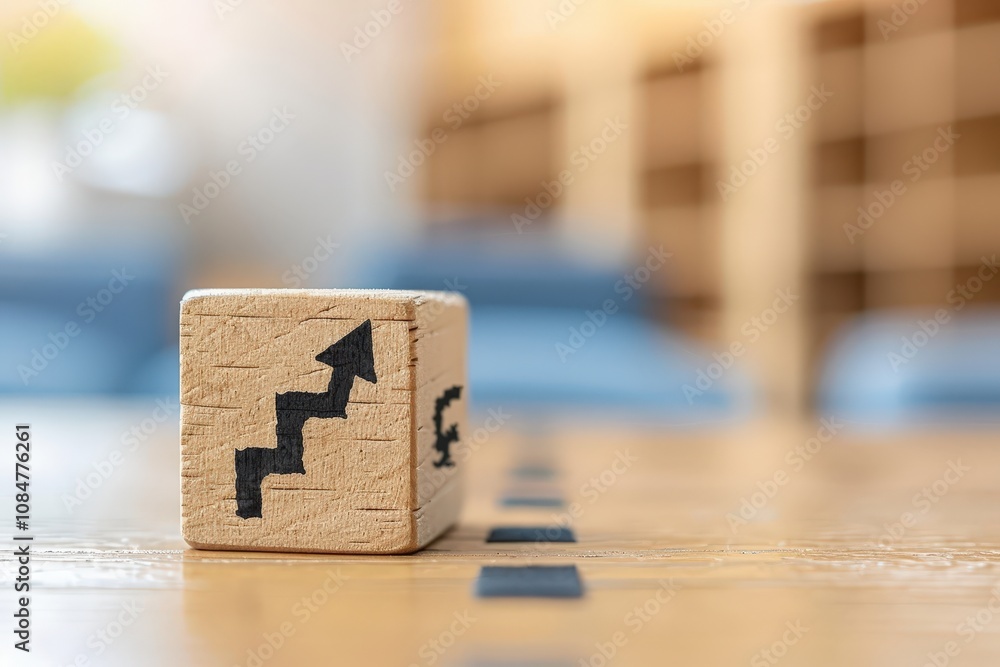 Poster a wooden block with a black arrow pointing upwards is placed on a table