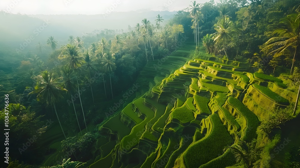 Poster high perspective of lush green terraced rice fields on a hillside, each layer perfectly aligned to c