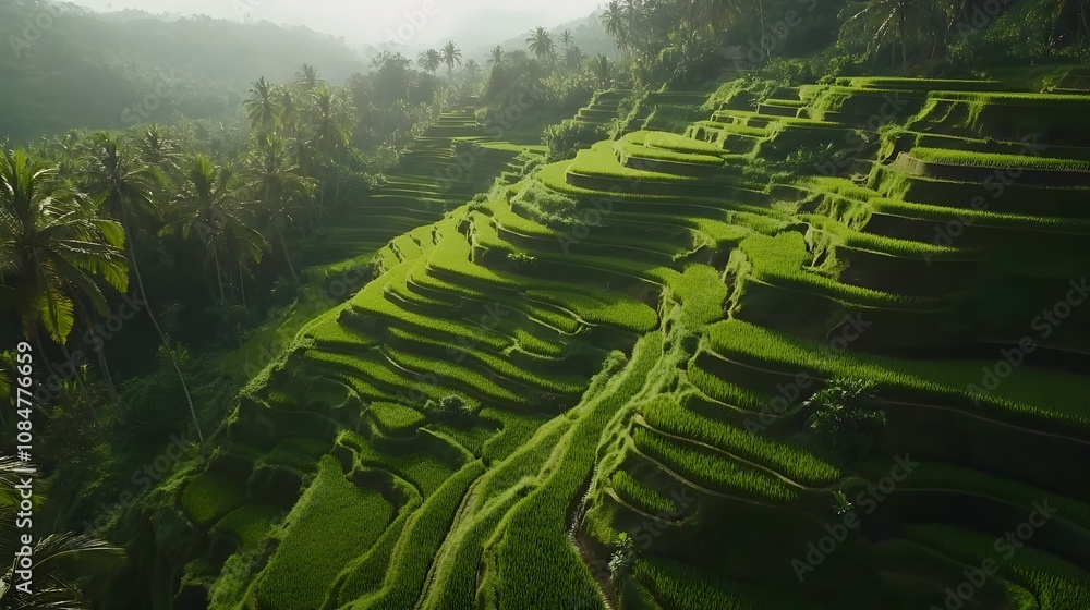Poster high perspective of lush green terraced rice fields on a hillside, each layer perfectly aligned to c