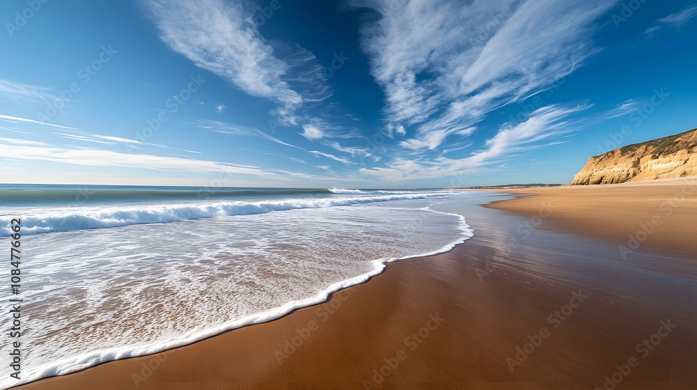 Poster expansive view of a coastal area, capturing symmetrical waves crashing against the shoreline and the