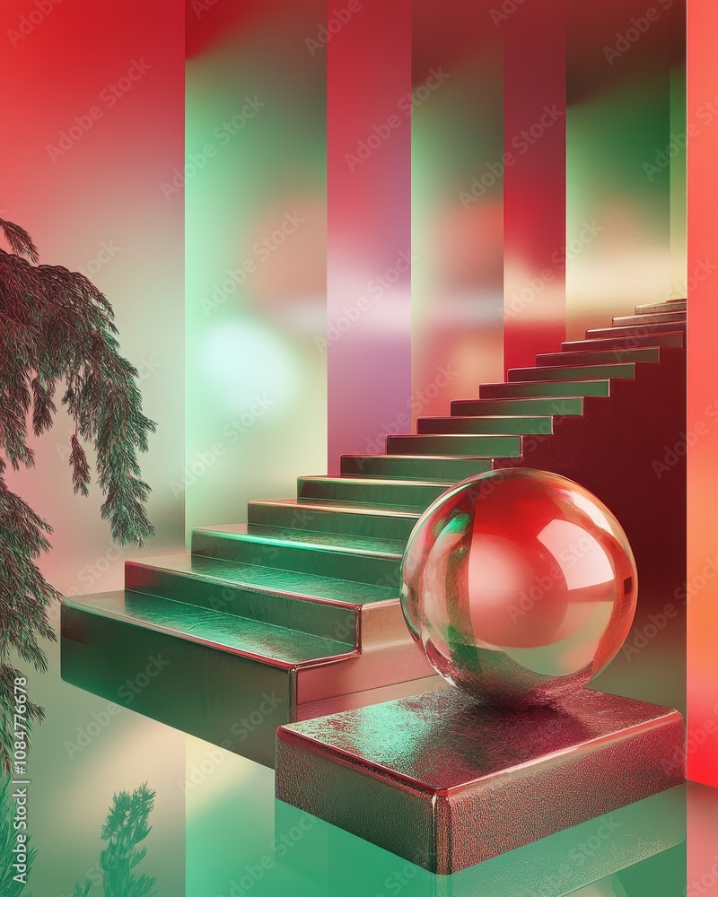 Poster generative ai illustration of colorful geometric shapes of smooth and shiny spheres on steps of squa
