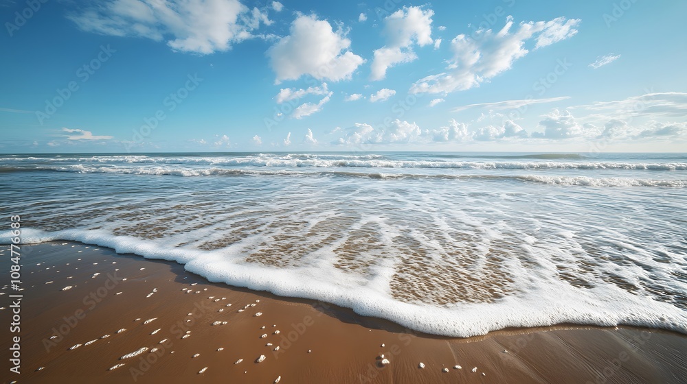 Poster Expansive view of a coastal area, capturing symmetrical waves crashing against the shoreline and the intricate patterns they leave behind on the sandy beach.