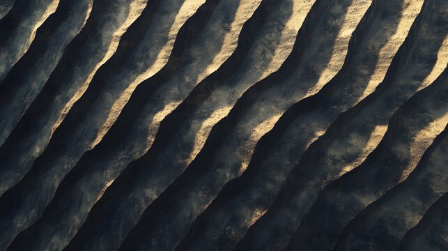 Aerial view of a symmetrical desert landscape, showing parallel dunes stretching into the distance, creating beautiful patterns of sand and shadow under the sunlight.