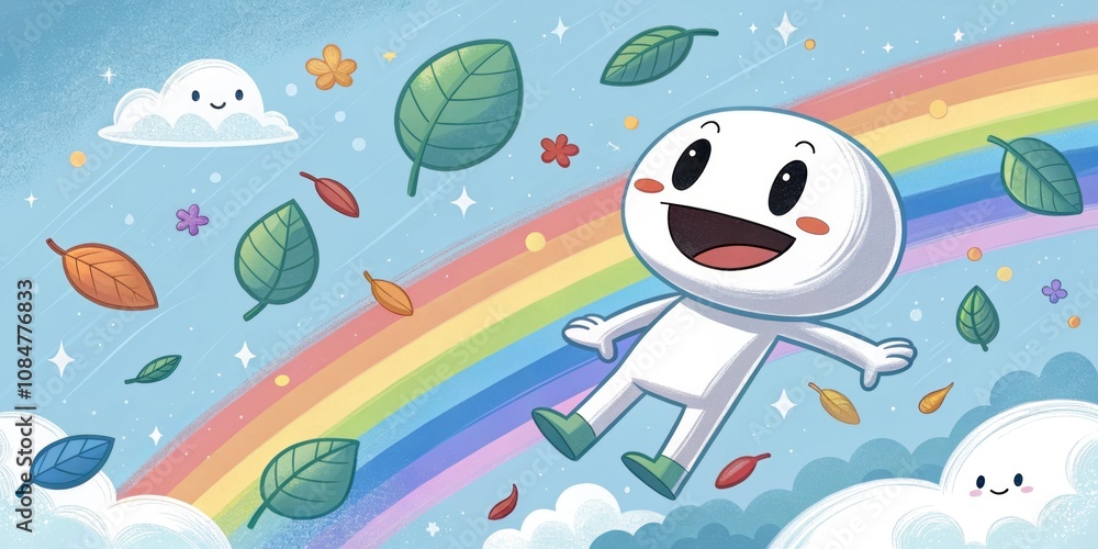 Poster a simplistic digital character with a big smile floats in a virtual sky room surrounded by colorful 