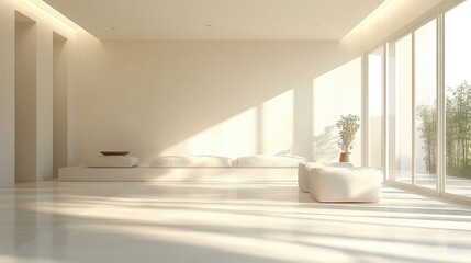 A sleek, minimalist living area features contemporary furnishings and decor, all highlighted by soft interior lighting on a pristine backdrop