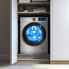 Compact Laundry Corner in Kitchen Cabinet with Modern Washer in Bright Home Setting